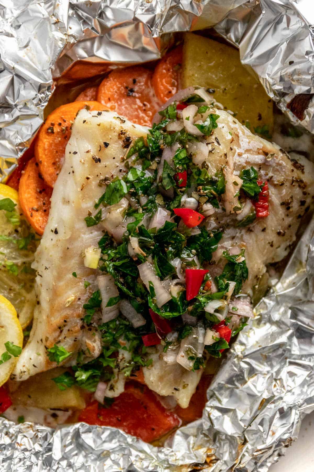 Best Baked Cod In Foil With Vegetables and Chimichurri Sauce