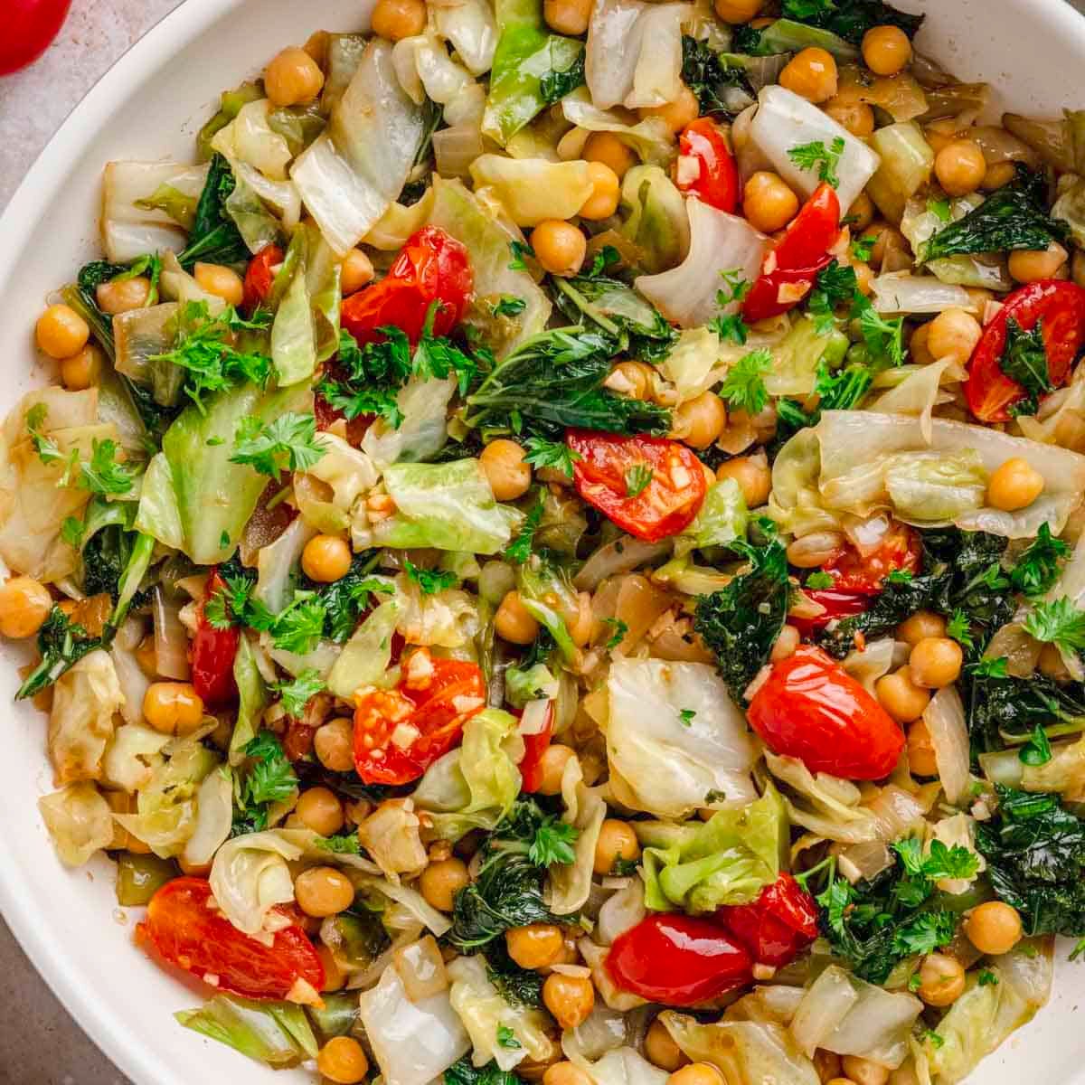 Spicy Sauteed Cabbage, Kale and Chickpeas Skillet (Vegetarian)