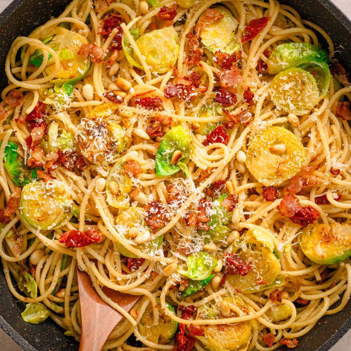 Brussels Sprouts Pasta with Bacon and Sun-Dried Tomatoes