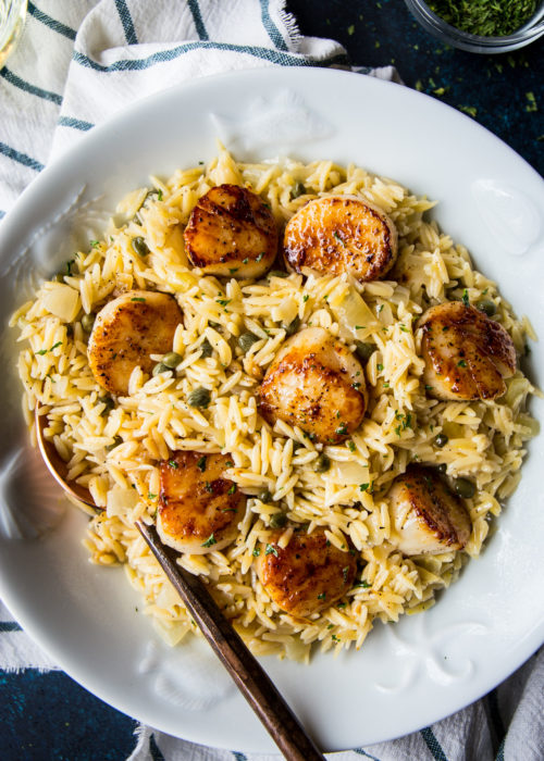 Pan Seared Scallops with Orzo Piccata