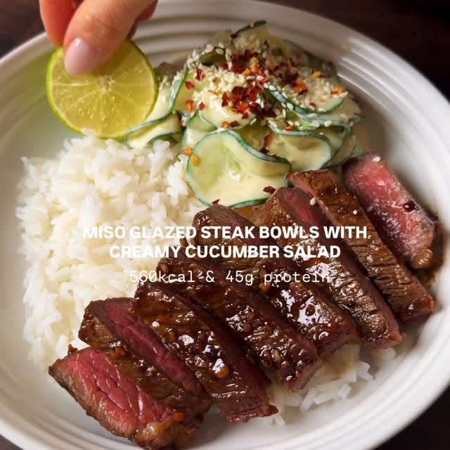 Miso Glazed Steak Bowls with Creamy Cucumber Salad