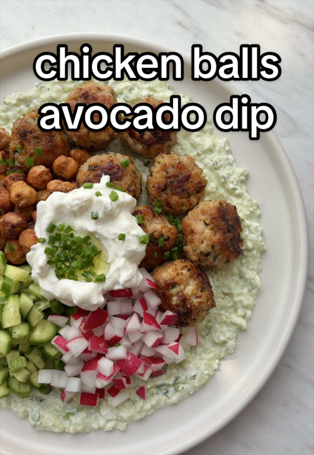 Chicken Balls & Crispy Chickpeas on Avocado Dip