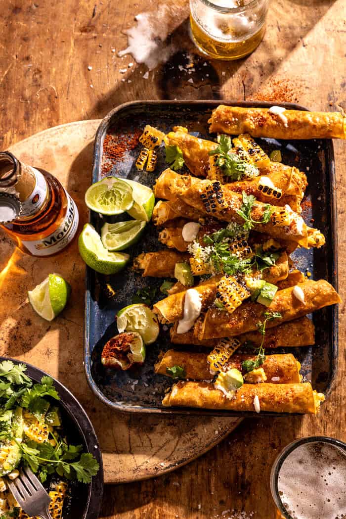 Baked Street Corn Dip Taquitos